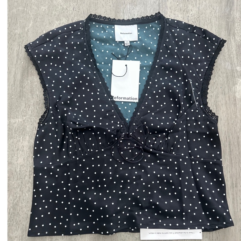 Reformation Silk Polka Dot V-Neck Lace Trim Tie Front Top Black White Size 2
